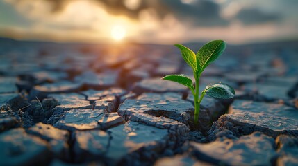 Green seedling breaking through cracked parched earth with vast blank sky above, concept of climate awareness, drought resilience, ecological balance, and sustainable environmental future