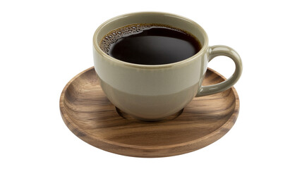 Obraz premium Freshly brewed coffee in a modern ceramic mug on a wooden saucer
