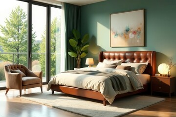 Serene Bedroom Design Featuring a Luxurious Leather Bed and a Tranquil View