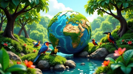 Serene Oasis Vibrant Birds Resting Near Lush Green Earth Globe by Tranquil Stream