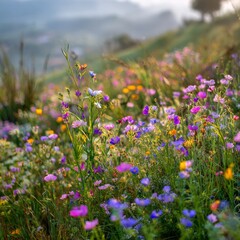 Obraz premium Vibrant Wildflower Meadow in Springtime with Soft Morning Light