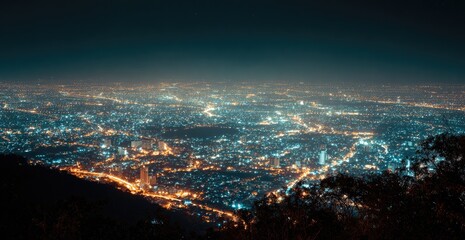 City lights blur at night from mountaintop
