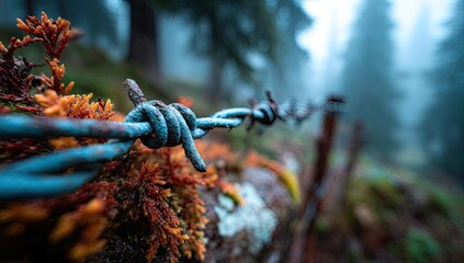 Rusty barbed wire in a misty forest
