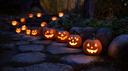 Halloween pumpkins glowing at night in a row on a stone path in the forest