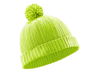 Bright Neon Yellow Knitted Beanie Hat with Pom winter hat knitted hat isolated on a transparent background