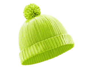 Bright Neon Yellow Knitted Beanie Hat with Pom winter hat knitted hat isolated on a transparent background