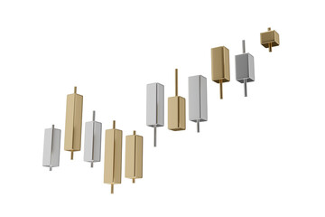 3D Candlestick chart for stock market, stock exchange. Gold and silver metallic growth graph trading 3d render. three-dimensional up candle stick price diagram stock exchange for financial investment.