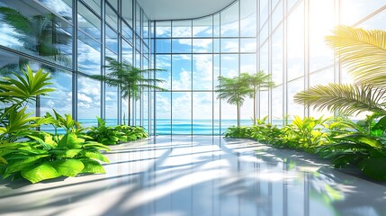 Sunny modern office interior with ocean view and lush green plants