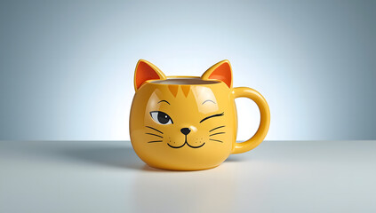 A whimsical, yellow cat-shaped mug winks, showcasing a playful design on a white surface.