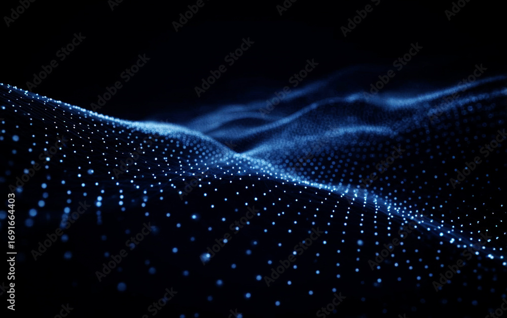 Poster dynamic blue wave of connected dots representing digital technology
