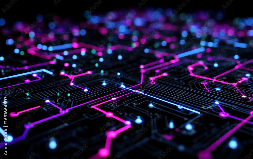 Poster abstract digital circuit board with colorful glowing lines
