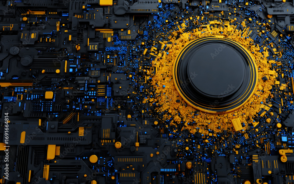 Poster high-tech circuit board with a central black button and yellow elements