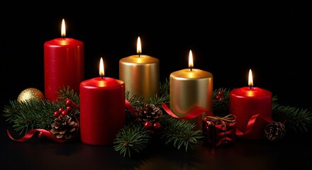 Red and gold lit Christmas candles on a black background