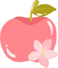 Pink Apple Clipart with Blossom, Cute Fruit Illustration, Pastel Harvest Apple Graphic, Spring Garden Floral Fruit Design