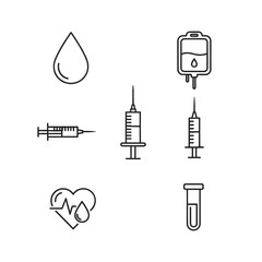 A collection of medical and healthcare line icons including blood drops, syringes, an IV bag, a heart with an ECG, and a test tube.