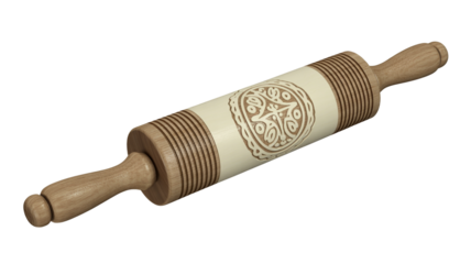 Ornate wooden rolling pin with intricate carved pattern for baking artisanal dough