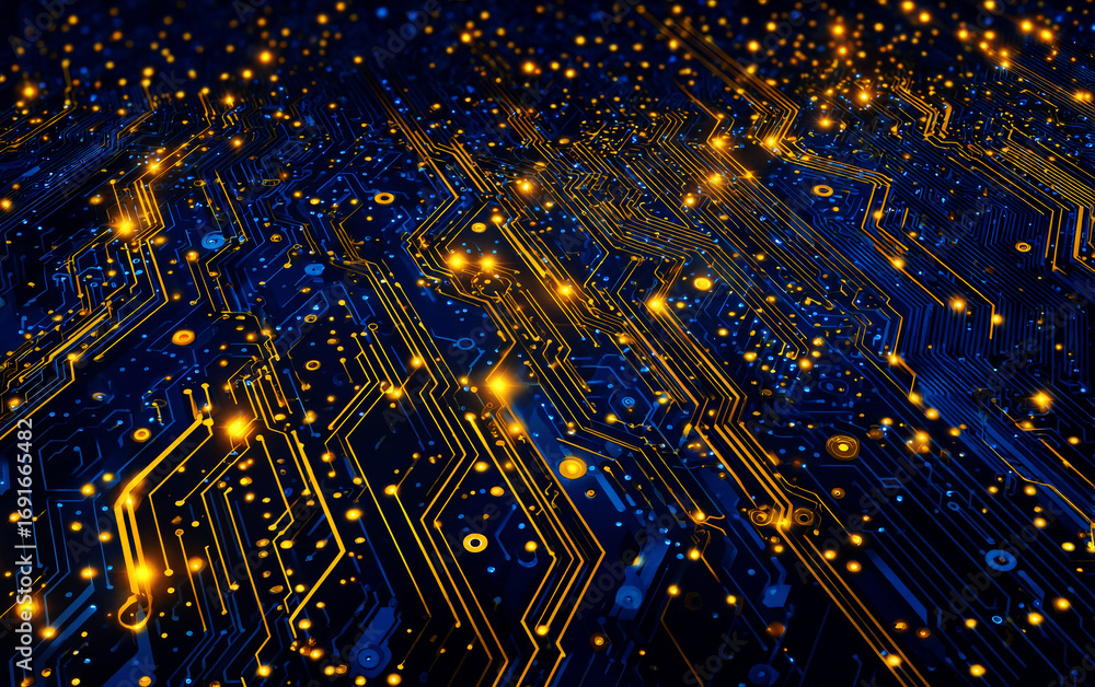 Poster high - tech circuit board with bright lights and complex paths