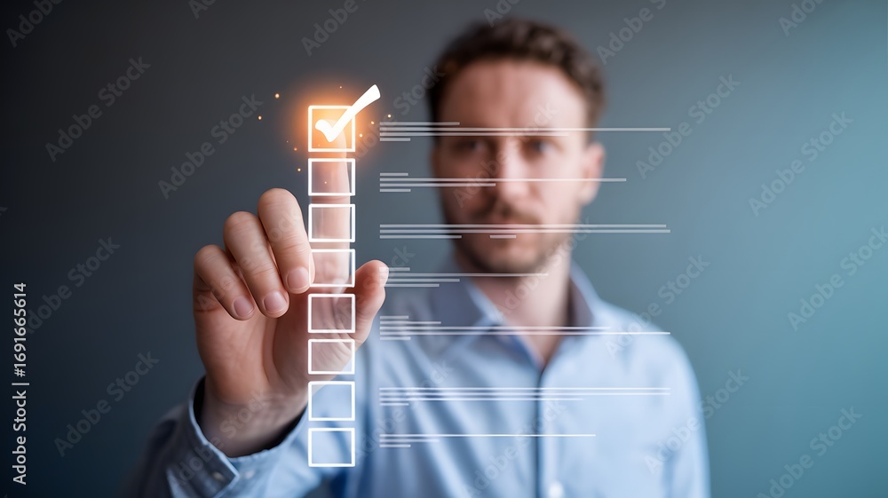Aufkleber businessman checking digital checklist with virtual tick mark concept representing task completion a
