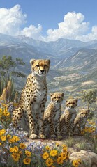 Obraz premium A family of cheetahs sits on a hilltop overlooking a valley filled with wildflowers and mountains under a vibrant sky.