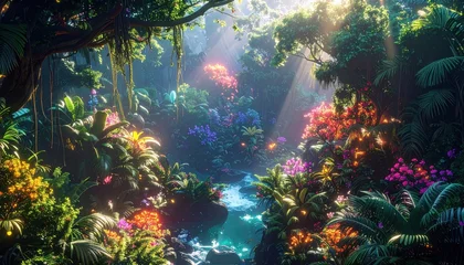 Poster Bosdieren A vibrant, lush tropical forest scene filled with colorful flora and sunlight filtering through the canopy.  © Rika