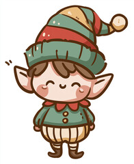 A cartoon elf with a striped hat and green shirt smiling cheerfully