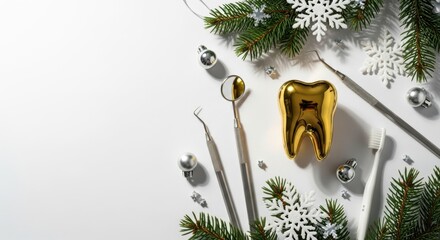 Creative Christmas composition with dentist tools, teeth models, pine branches, and snowflake ornaments. Perfect for dental clinic holiday marketing and seasonal health campaigns.
