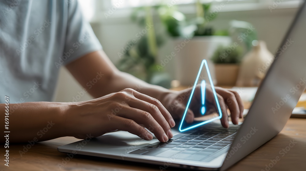 Poster person typing on laptop with warning error alert symbol representing cybersecurity risk and online s