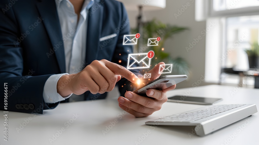 Poster businessman using smartphone with incoming email notifications concept representing digital communic