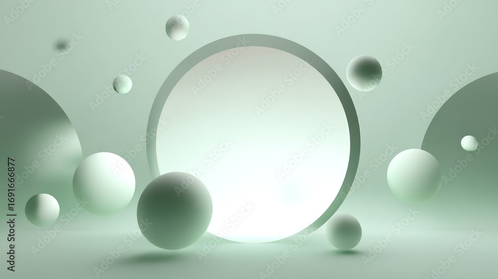 Poster abstract green geometric pattern with spheres and circular frame for modern design