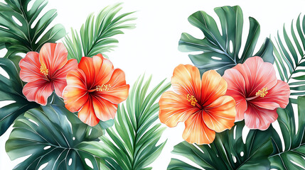 Vibrant watercolor hibiscus flowers and lush tropical palm leaves on white background