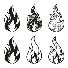 Set of fire flames in different shapes and styles