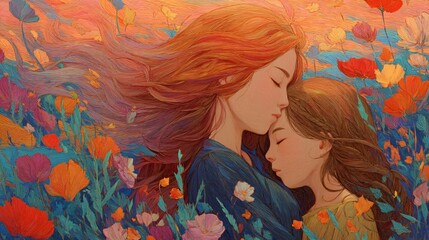A loving mother comforts her daughter amidst a vibrant flower field with warm, affectionate embrace.