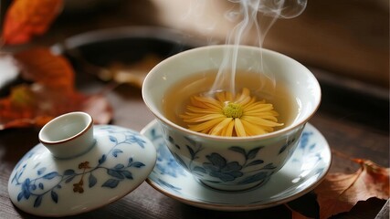 Porcelain Tea Cup with Floating Chrysanthemums, Steam Rising Softly Amidst Blurred Autumn Maple Leaves