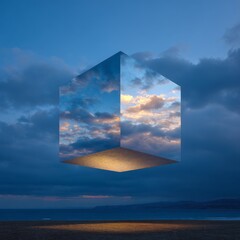 Abstract Reflection of Clouds in a Floating Cube Over the Landscape