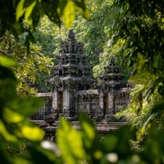 Ancient temple ruins surrounded by lush green foliage and trees