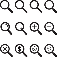 Magnifier search icons set in flat black silhouette vector design illustration bundle for digital projects
