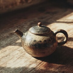 Antique Clay Teapot with Unique Design on Rustic Wooden Table