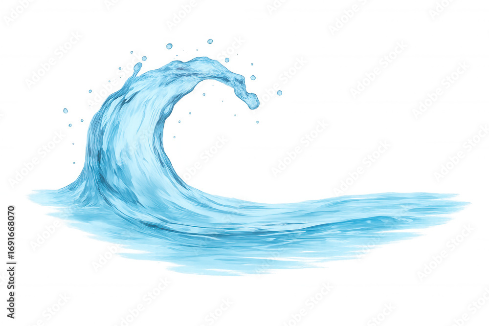 Poster crystal-clear water curling dynamically, forming translucent arc with smooth motion and pristine tex