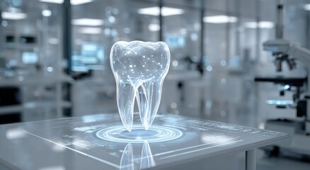 3D holographic tooth on a table in a futuristic dental lab