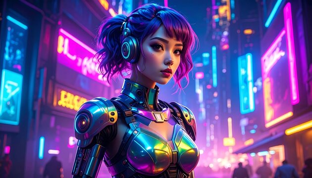Cyberpunk girl in neon city - Powered by Adobe