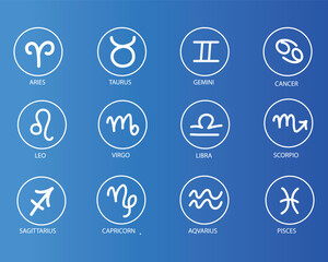Minimalist white zodiac signs icons set on blue gradient background. Perfect for astrology, horoscope apps, and spiritual design themes