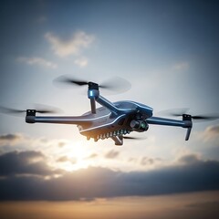 Drone soaring through the sky at sunset, capturing aerial views.