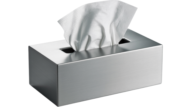 Modern brushed metal tissue box dispenser with clean white tissues inside