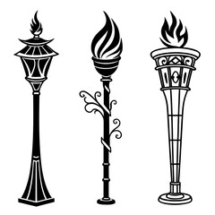 Collection of vintage torch and street lamp vector silhouettes