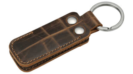 Durable rustic leather keychain with metal ring and rivets