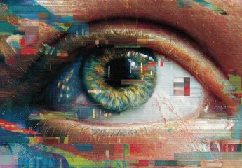 Close-up digital art of an eye with glitch effect