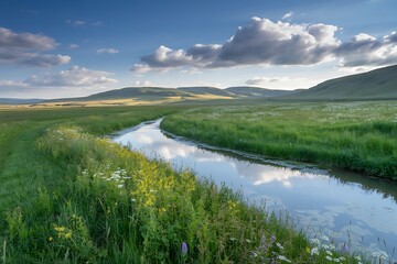 Obraz premium A Serene Winding River Flows Through a Lush Green Meadow Under a Cloudy Sky