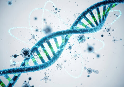 Abstract blue dna helix with medical particles and molecules