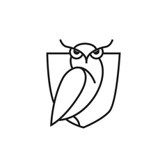 Modern line art logo of an owl perched on a shield, symbolizing wisdom and protection
