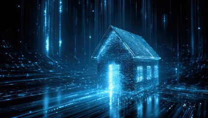 Digital house illuminated by glowing code